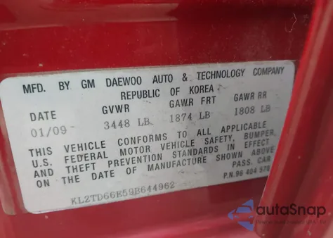 2009 Pontiac G3 z USA, uszkodzony, nr VIN KL2TD66E59B644962